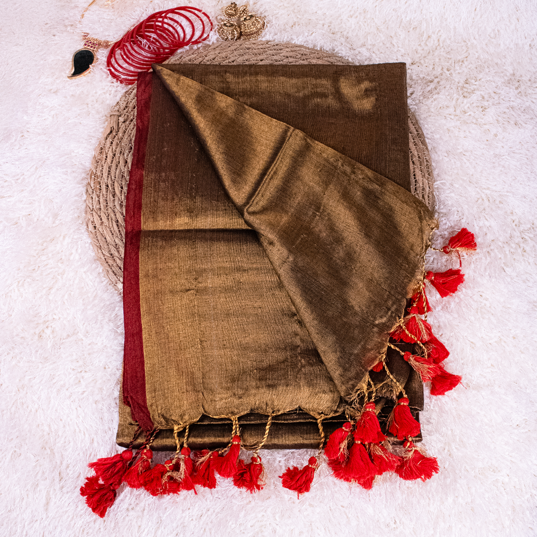 Brown Tissue Silk Saree with Red Zari and tassels