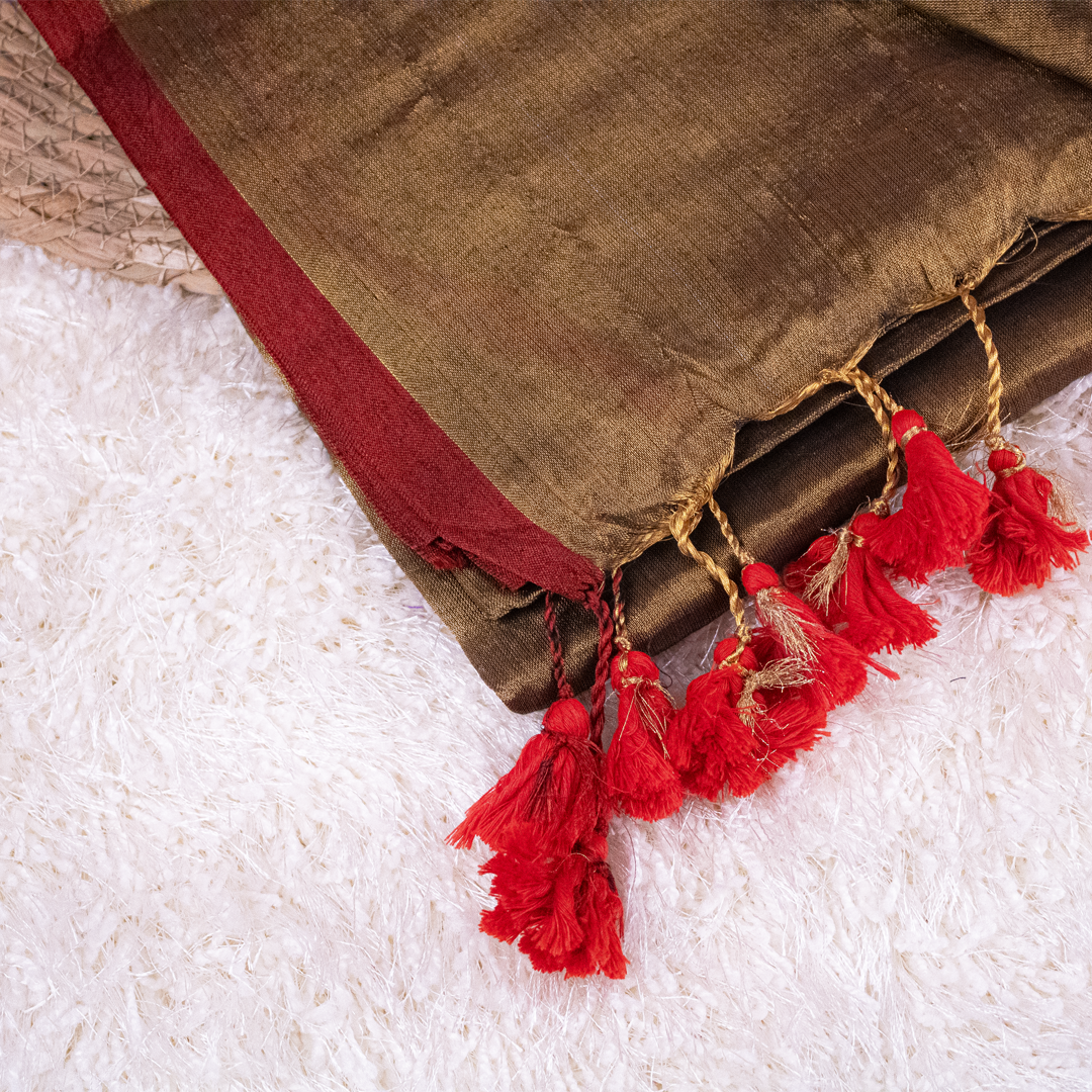 Brown Tissue Silk Saree with Red Zari and tassels