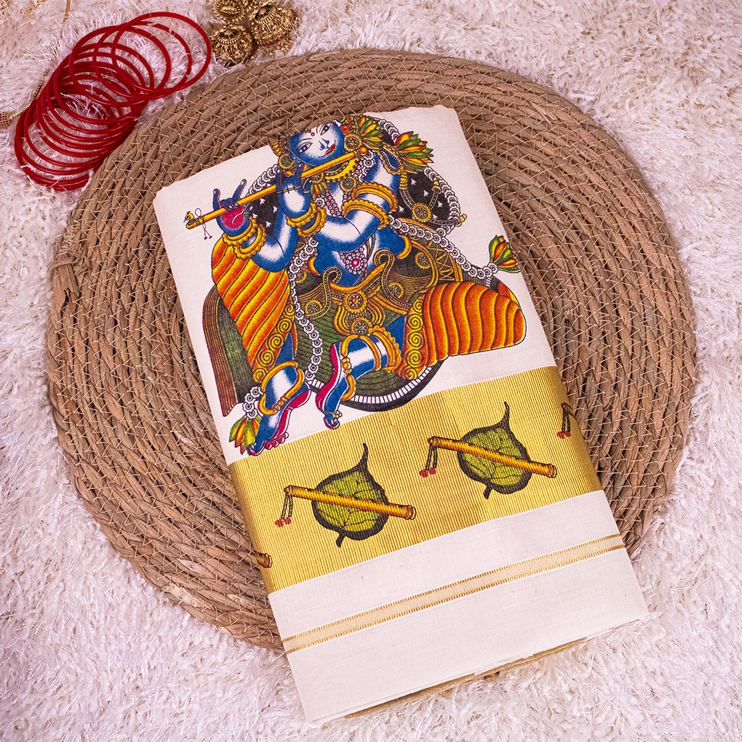 Krishna Mural Printed Saree - Onam Saree -S01-05