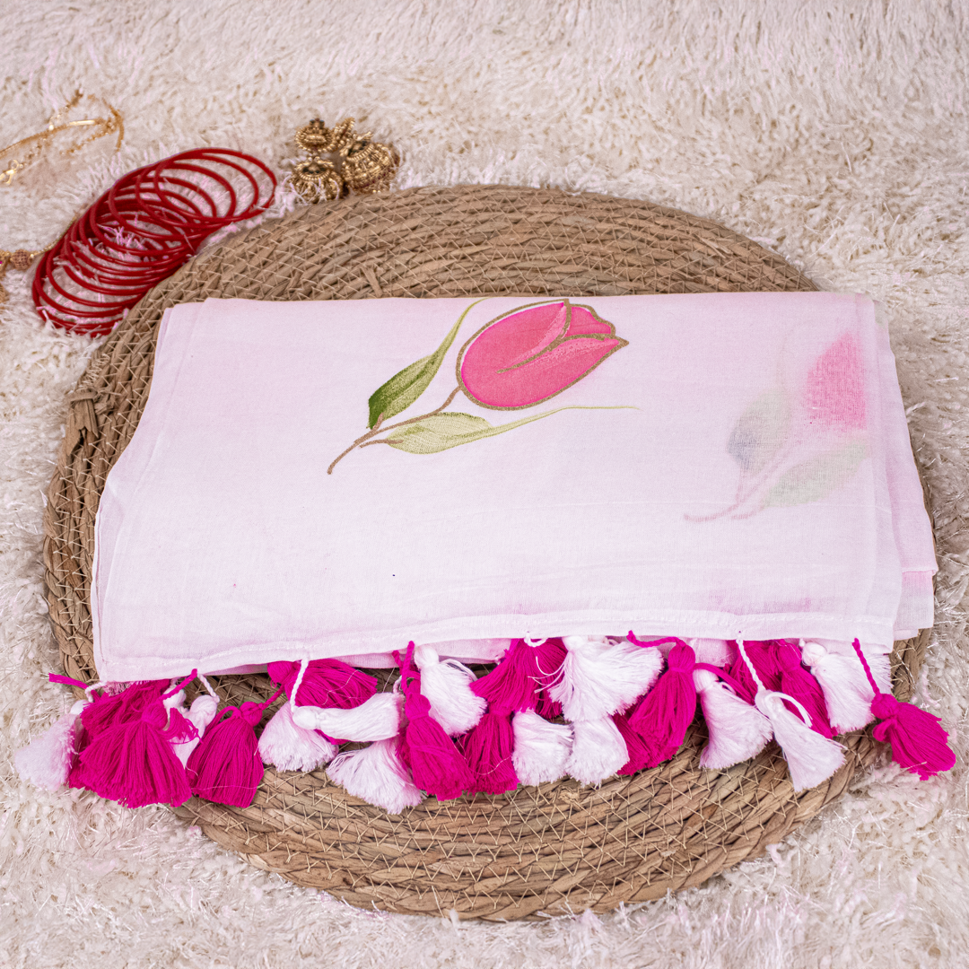 White Mul-cotton With Rose Flower Print - Onam Saree - S01-08