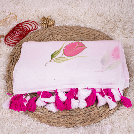 White Mul-cotton With Rose Flower Print - Onam Saree - S01-08