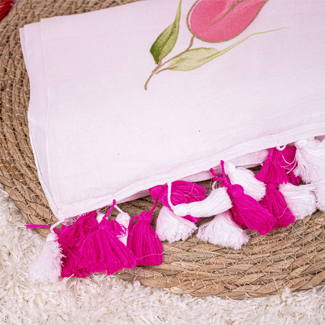 White Mul-cotton With Rose Flower Print - Onam Saree - S01-08