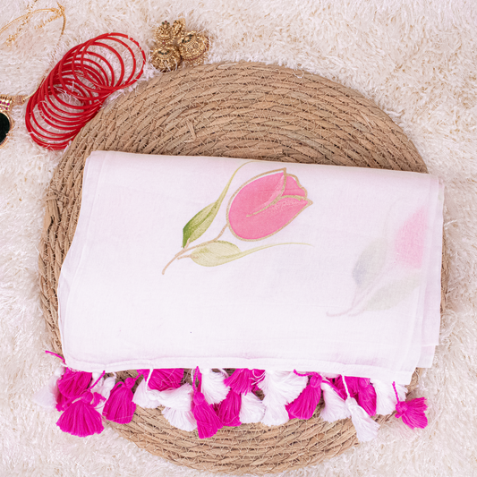 White Mul-cotton With Rose Flower Print - Onam Saree - S01-08
