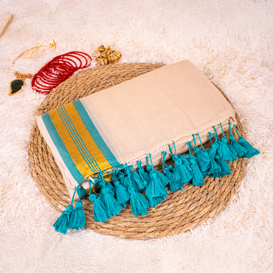 Off-white Mul-cotton Saree With Green and Golden Zari - Onam Saree -S01-07