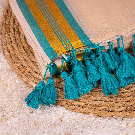 Off-white Mul-cotton Saree With Green and Golden Zari - Onam Saree -S01-07