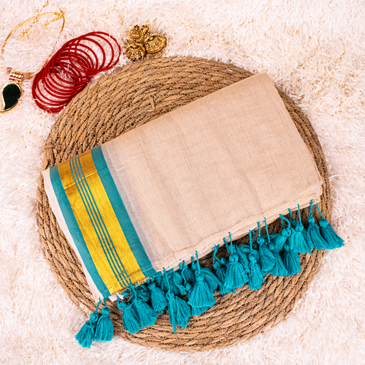 Off-white Mul-cotton Saree With Green and Golden Zari - Onam Saree -S01-07
