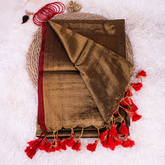 Brown Tissue Silk Saree with Red Zari and tassels