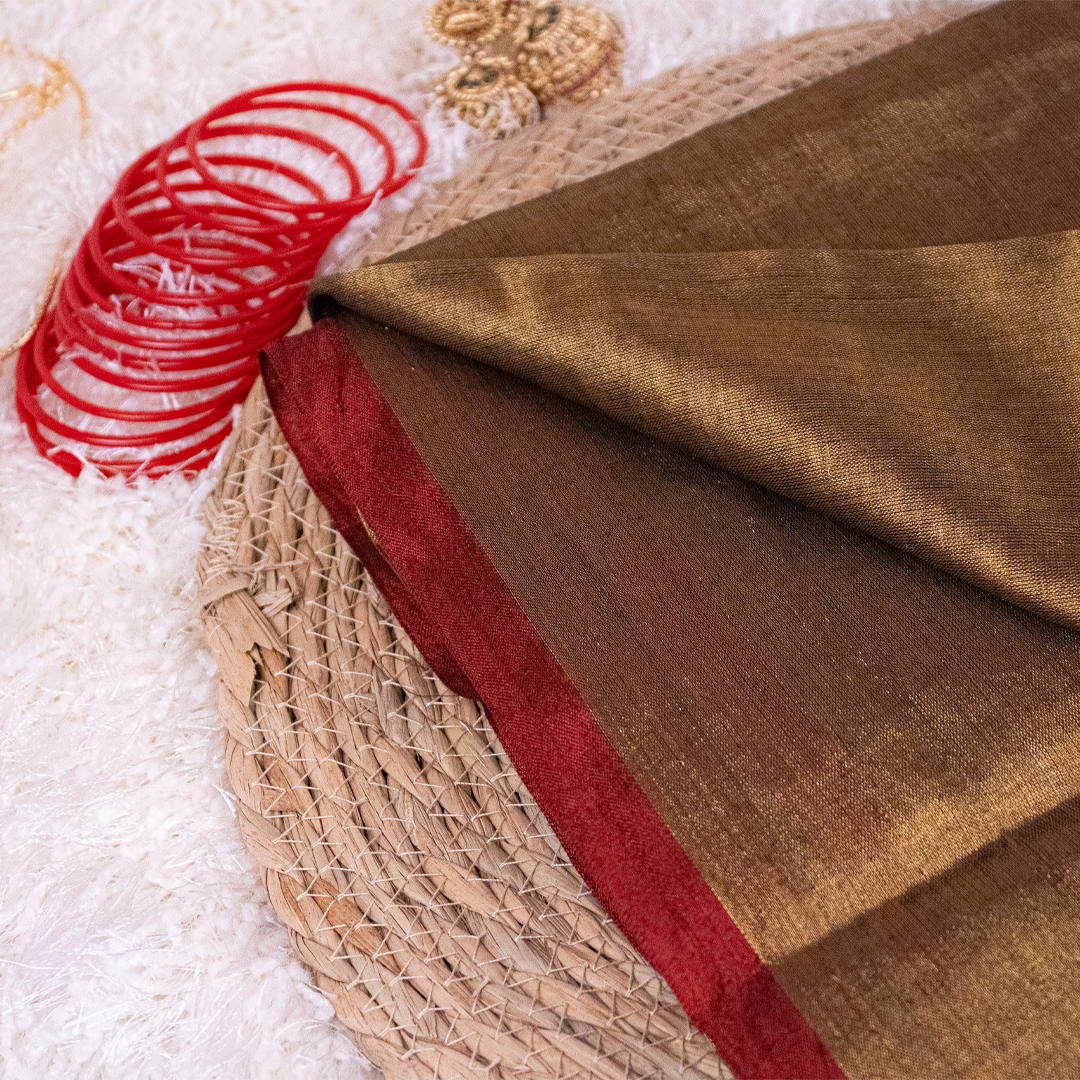 Brown Tissue Silk Saree with Red Zari and tassels