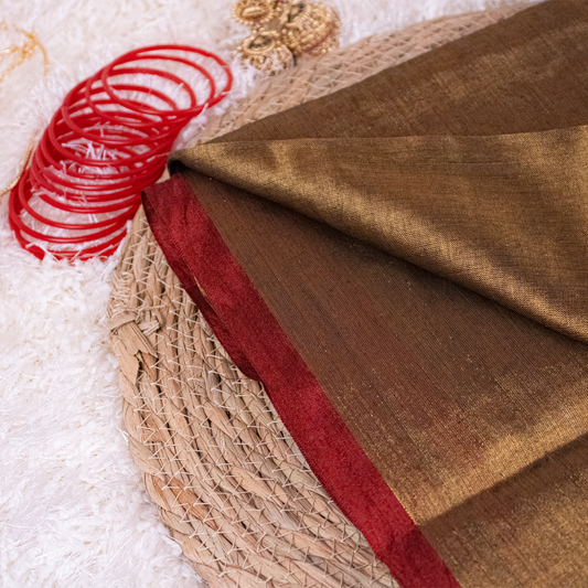 Brown Tissue Silk Saree with Red Zari and tassels