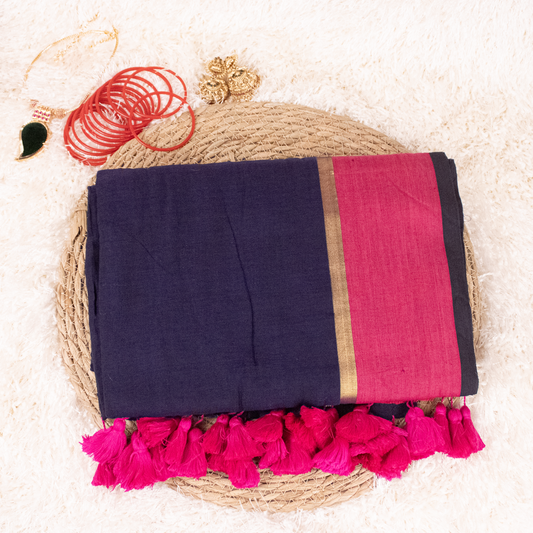 Navy Blue and Violet Saree with Golden Zari