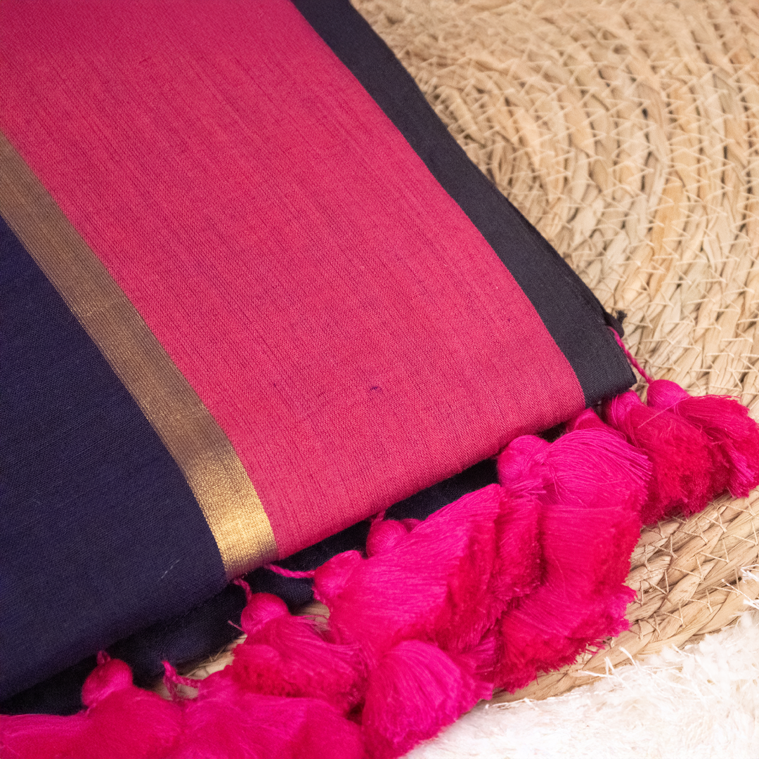 Navy Blue and Violet Saree with Golden Zari
