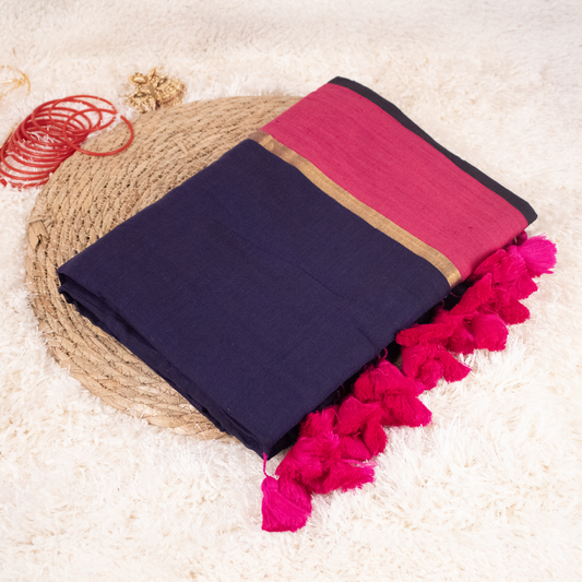 Navy Blue and Violet Saree with Golden Zari