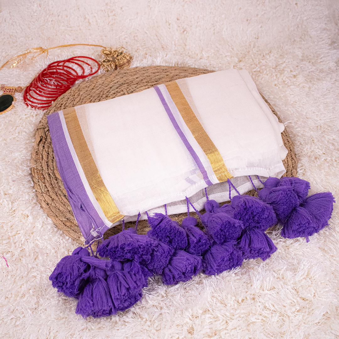 Lavender Mul-Cotton Saree with Golden Zari and lavender Tassels