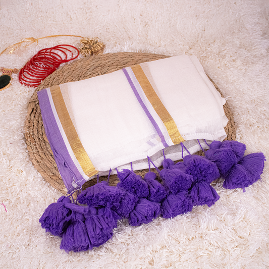 Lavender Mul-Cotton Saree with Golden Zari and lavender Tassels