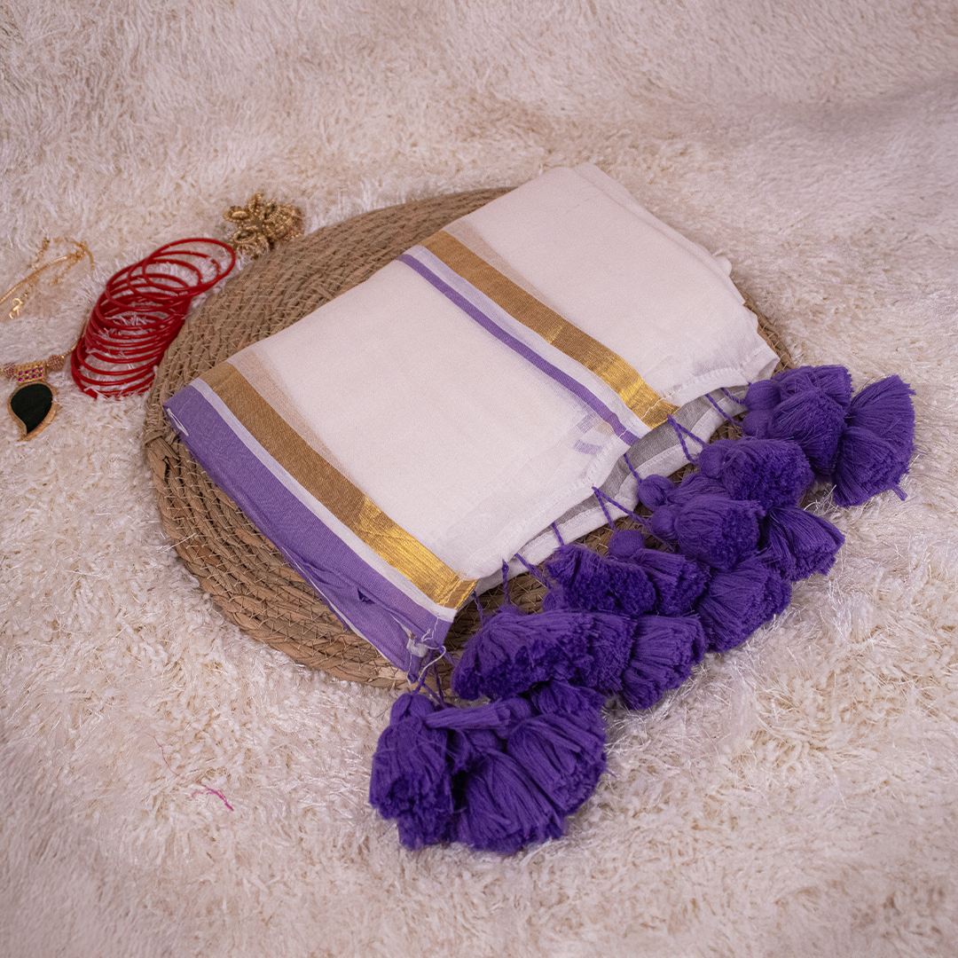 Lavender Mul-Cotton Saree with Golden Zari and lavender Tassels