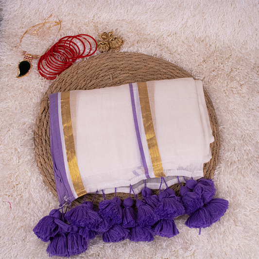 Lavender Mul-Cotton Saree with Golden Zari and lavender Tassels