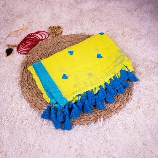 Yellow and Blue Mul-Cotton Saree with Heart Embroidery