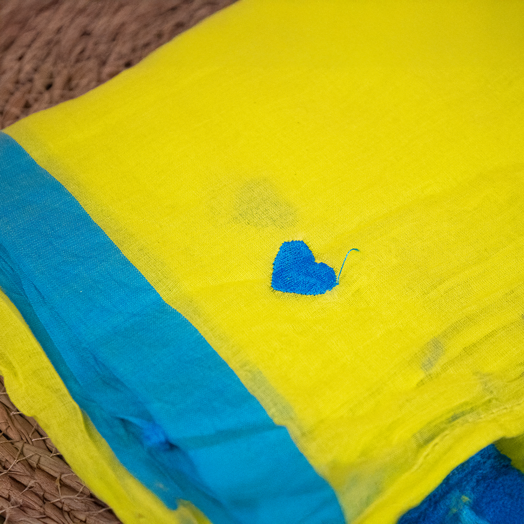 Yellow and Blue Mul-Cotton Saree with Heart Embroidery