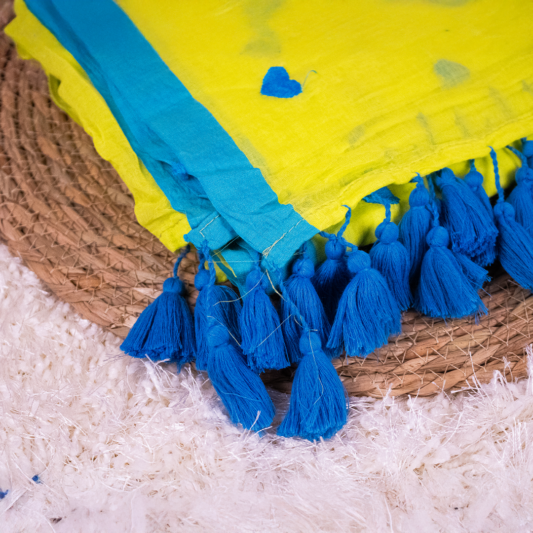 Yellow and Blue Mul-Cotton Saree with Heart Embroidery