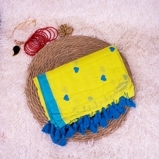 Yellow and Blue Mul-Cotton Saree with Heart Embroidery