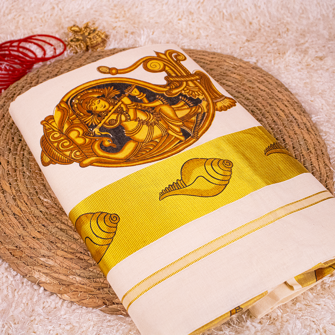 Krishna Mural Printed Saree - Onam Saree S01-06