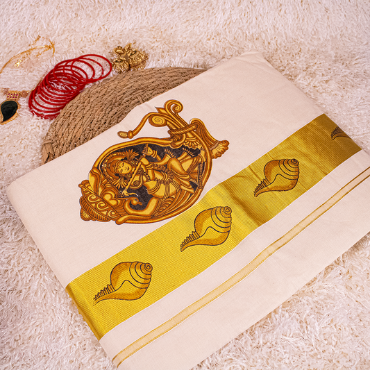 Krishna Mural Printed Saree - Onam Saree S01-06
