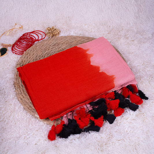 Tie Died Red and Pink Mul-Cotton Saree with red and black tassles