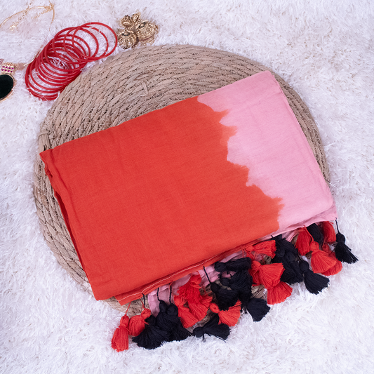 Tie Died Red and Pink Mul-Cotton Saree with red and black tassles
