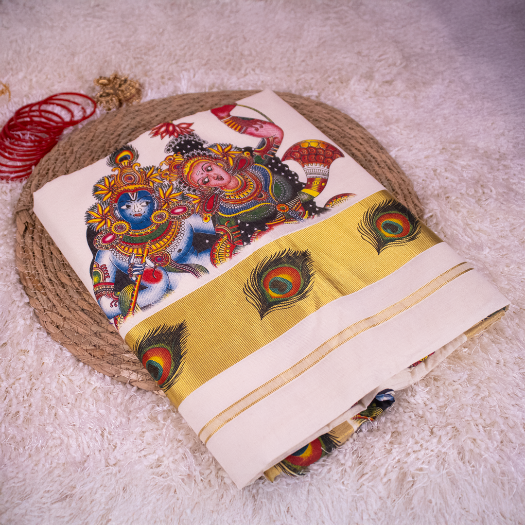 Radha Krishna Mural Print Saree  - Onam saree S01-05