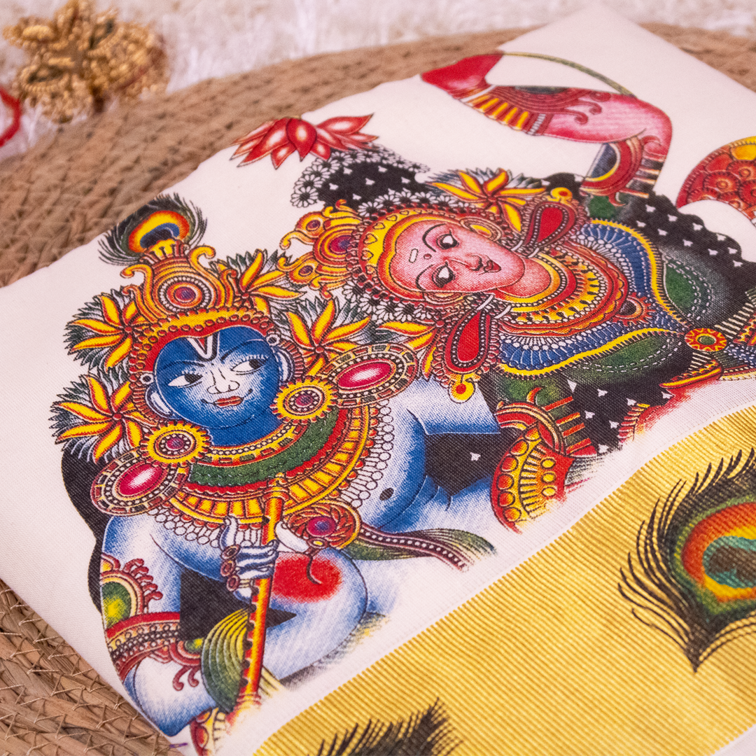 Radha Krishna Mural Print Saree  - Onam saree S01-05