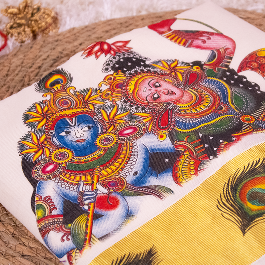 Radha Krishna Mural Print Saree  - Onam saree S01-05