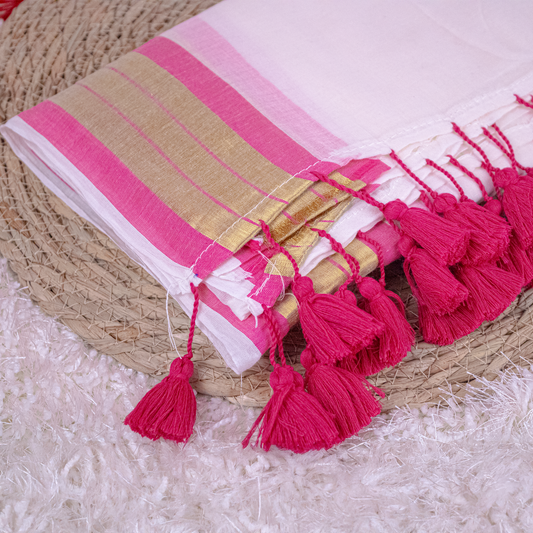 white Mul-cotton Saree With Pink and Golden Zari and pink tassels  - Onam Saree -S01-08