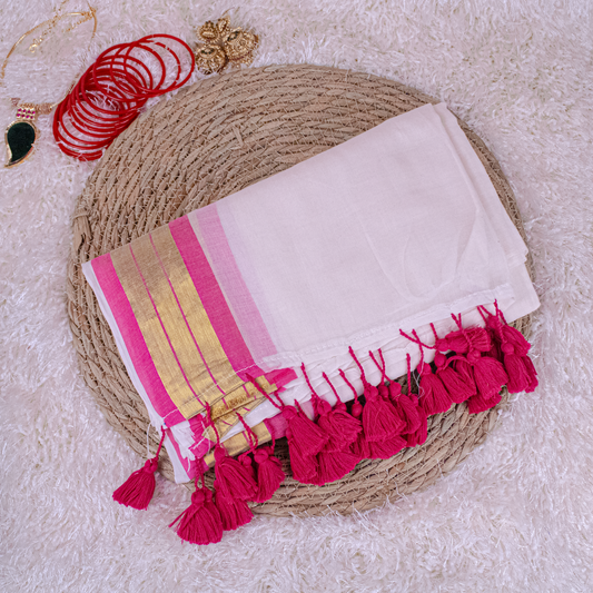 white Mul-cotton Saree With Pink and Golden Zari and pink tassels  - Onam Saree -S01-08