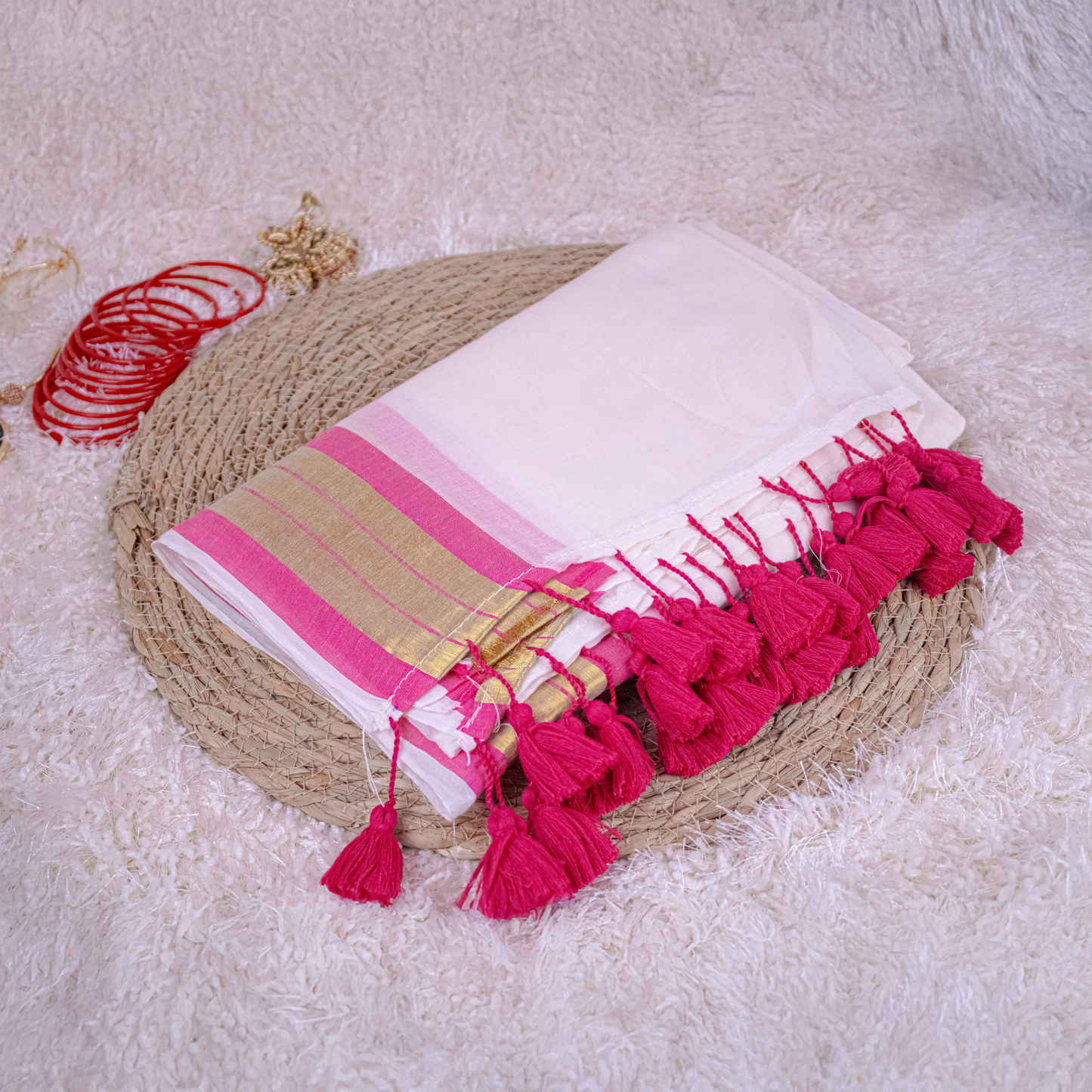 white Mul-cotton Saree With Pink and Golden Zari and pink tassels  - Onam Saree -S01-08