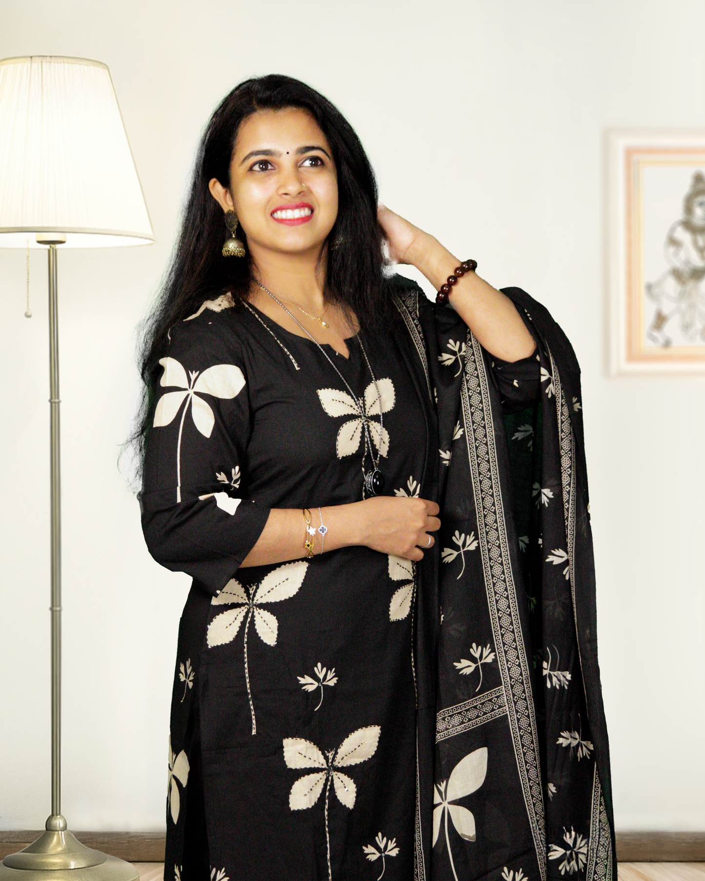 Black salwar  with Beige floral print 3 piece set P- 1201