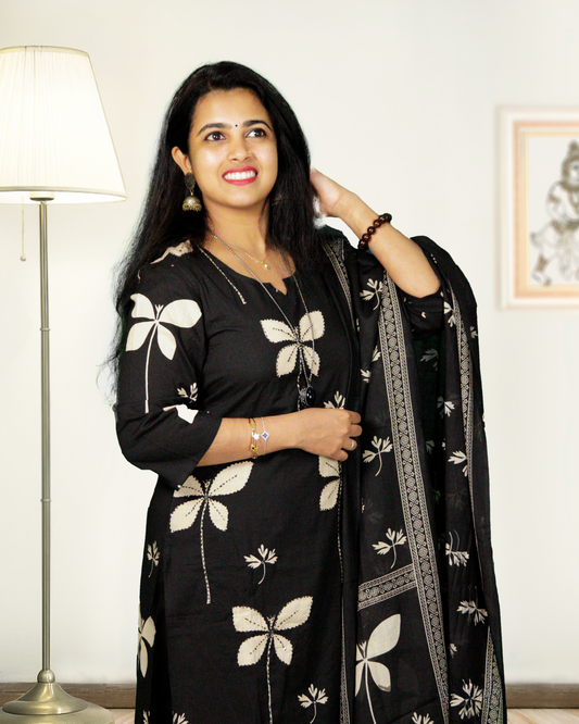 Black salwar  with Beige floral print 3 piece set P- 1201