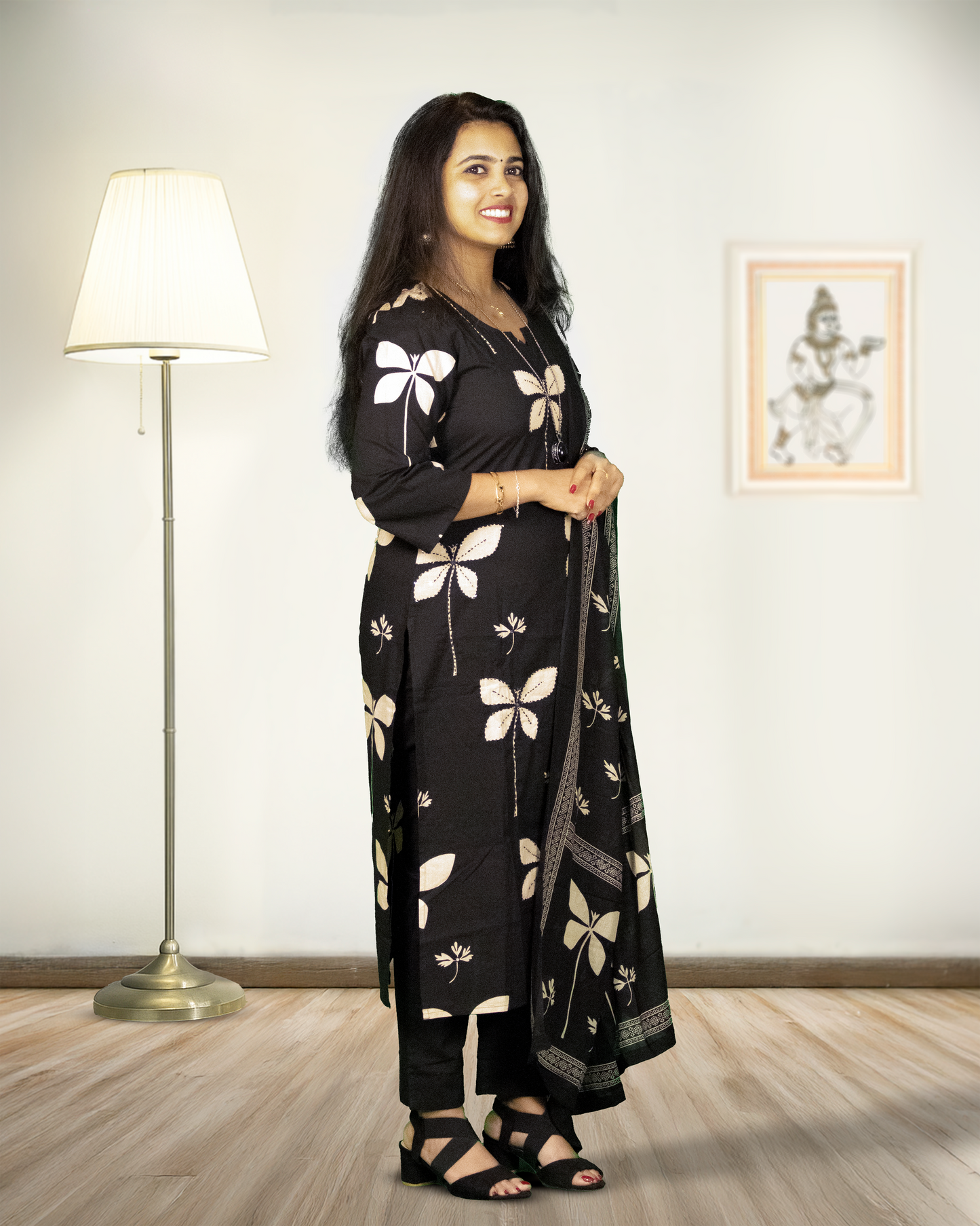 Black salwar  with Beige floral print 3 piece set P- 1201