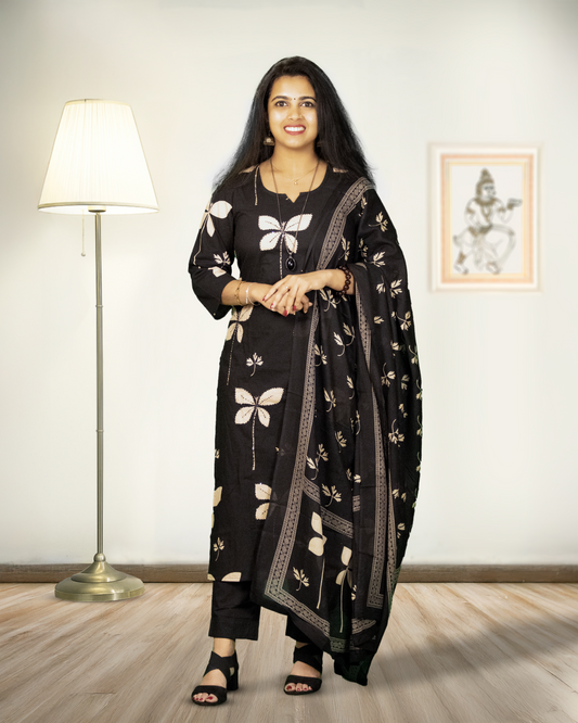 Black salwar  with Beige floral print 3 piece set P- 1201