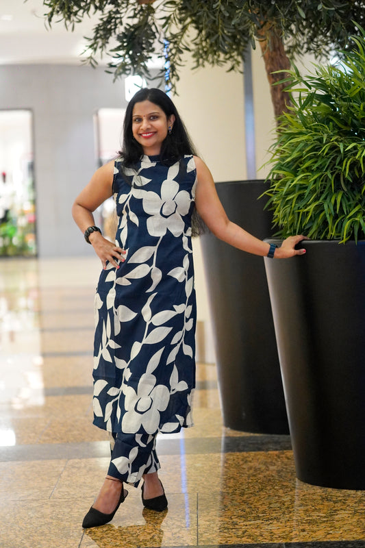 Navy Blue  Co-ord set  with white flower Print P-1215