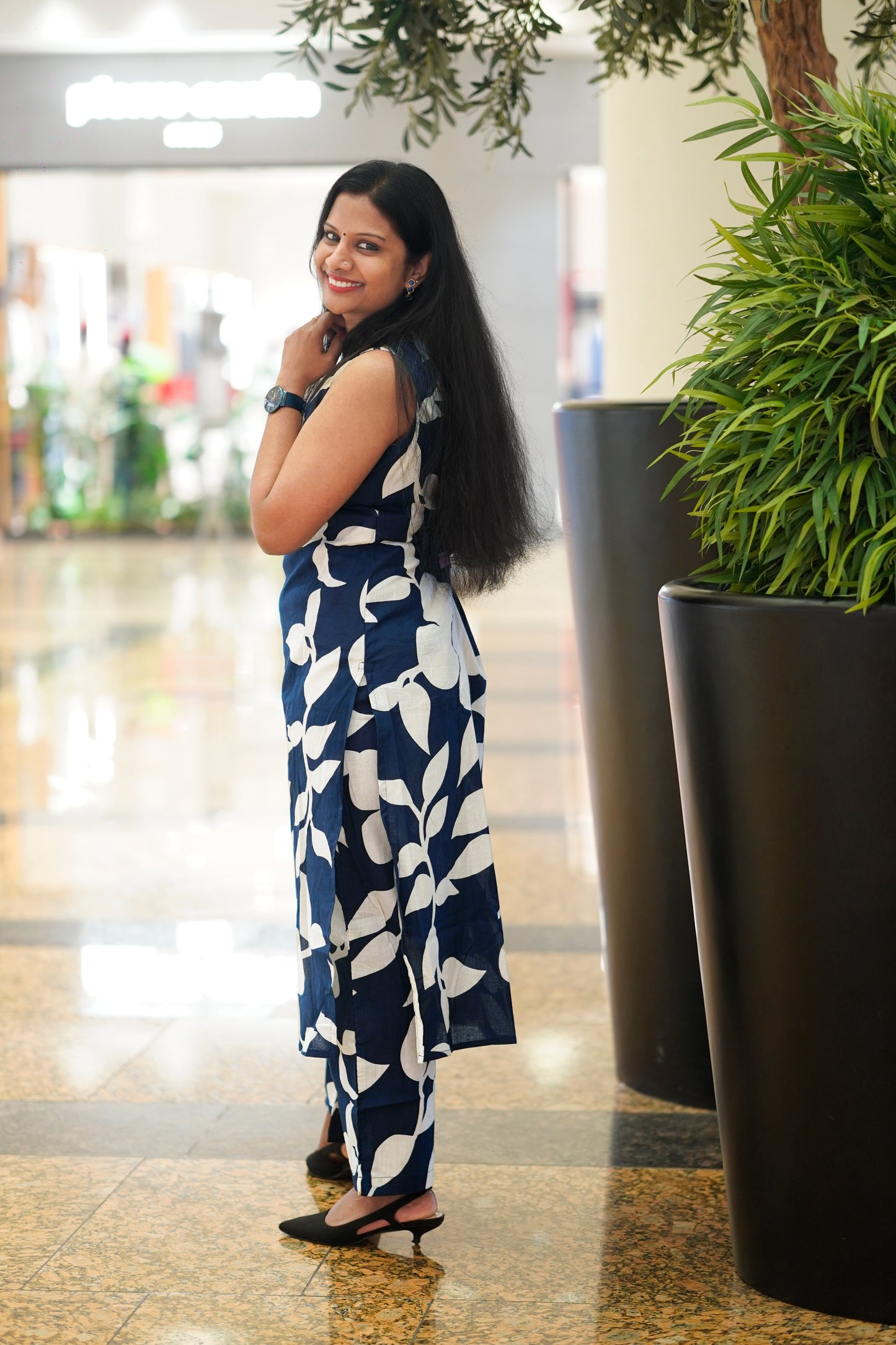 Navy Blue  Co-ord set  with white flower Print P-1215