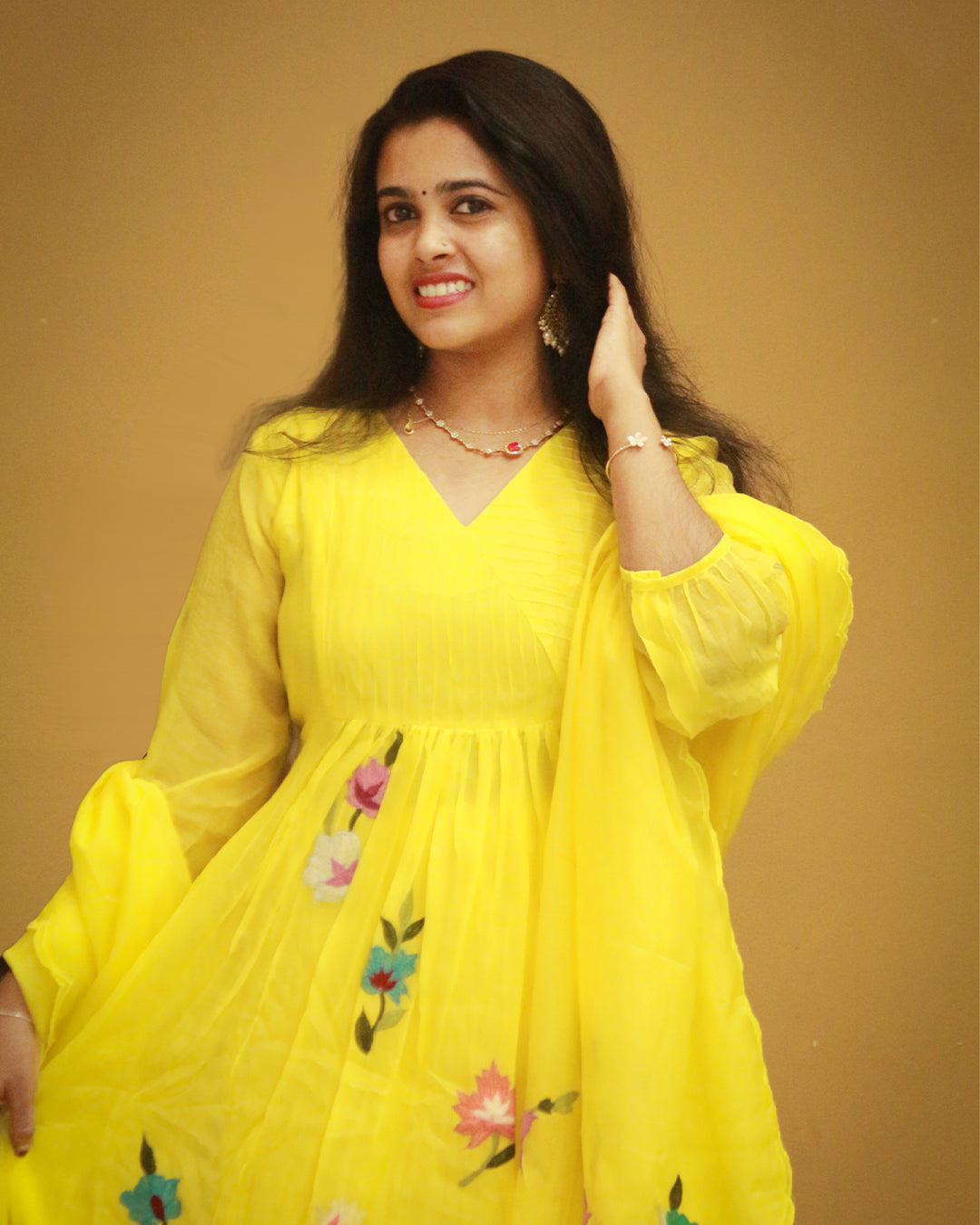Yellow Mulchanderi Anarkali  P-1301