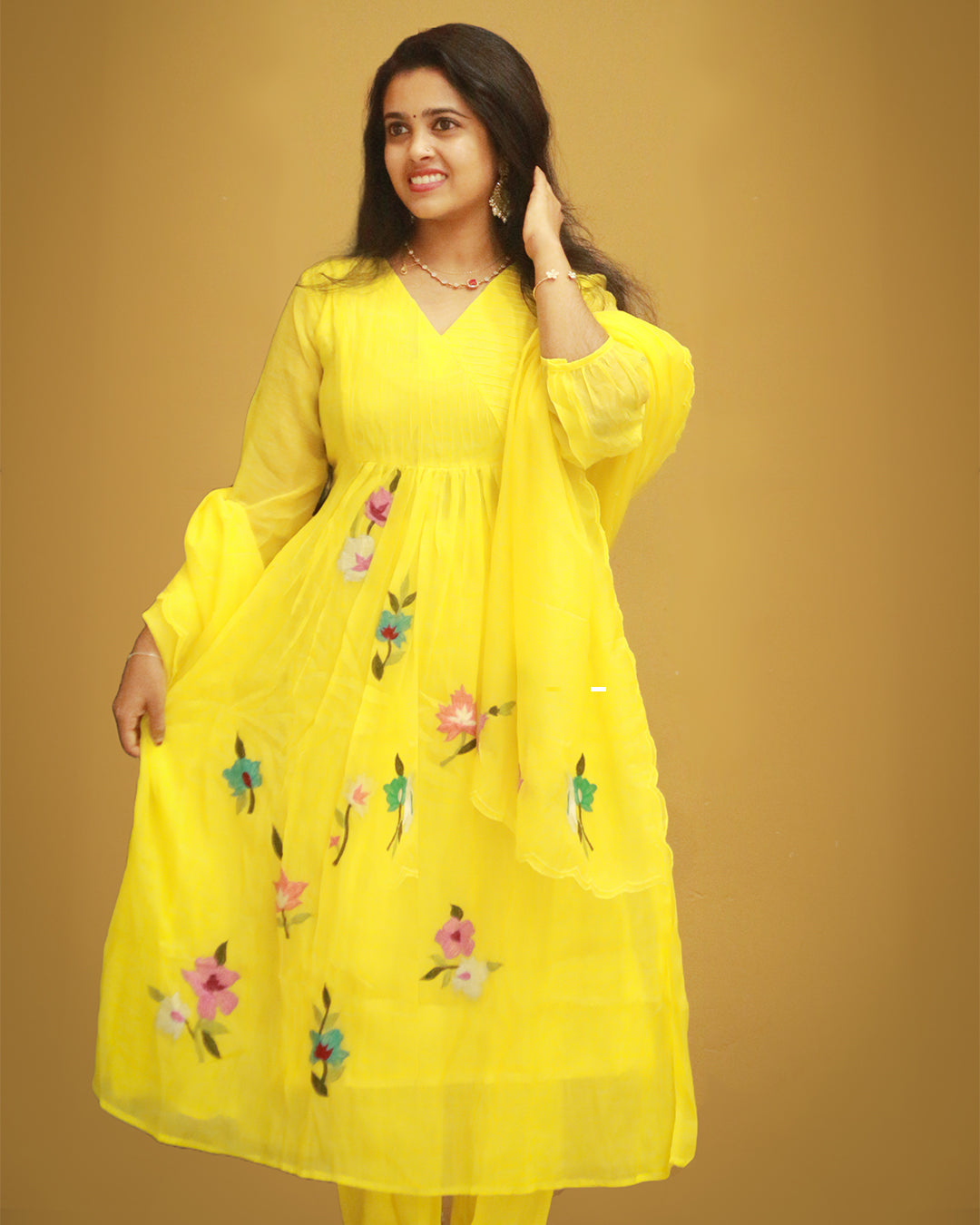 Yellow Mulchanderi Anarkali  P-1301