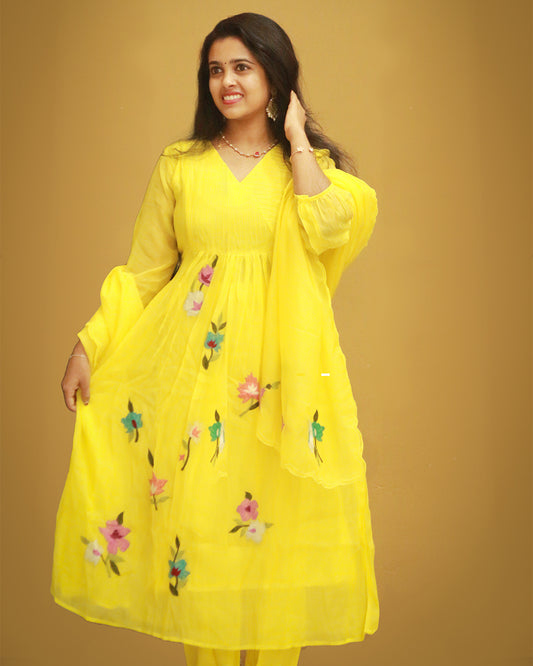 Yellow Mulchanderi Anarkali  P-1301