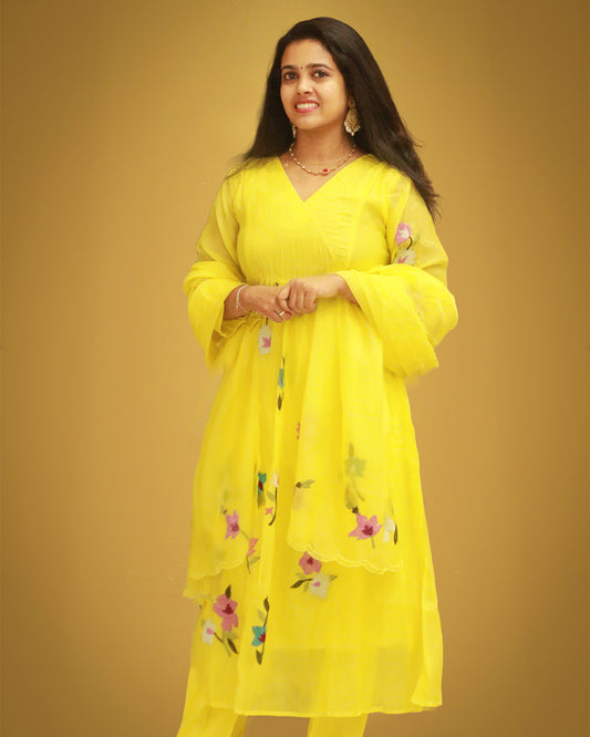 Yellow Mulchanderi Anarkali  P-1301