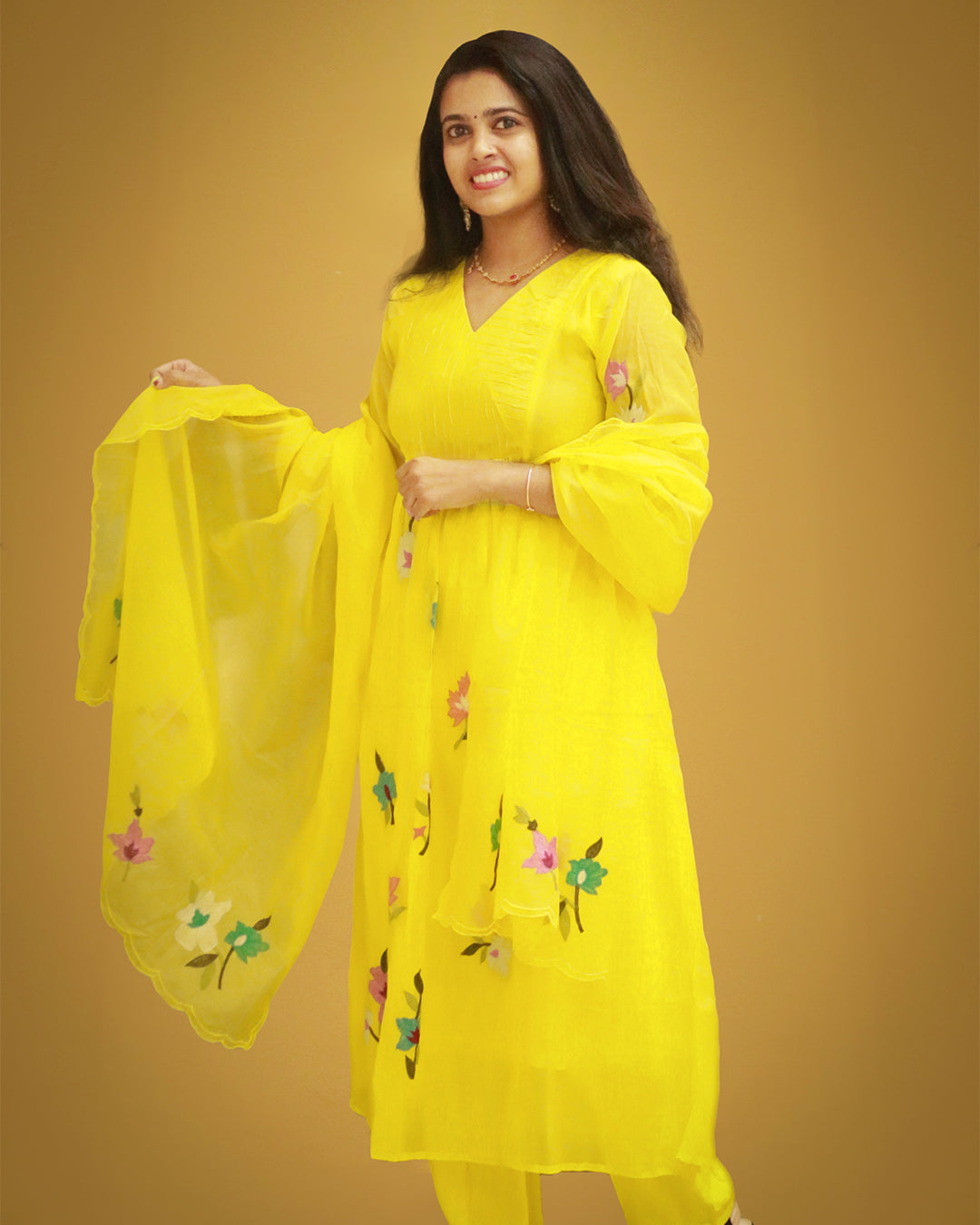 Yellow Mulchanderi Anarkali  P-1301