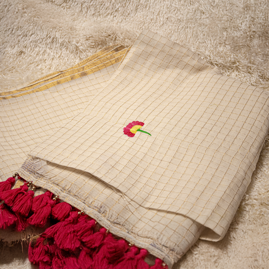 Golden Zari Embroidery Checked saree with pink Tassels- Onam Saree - S01-002