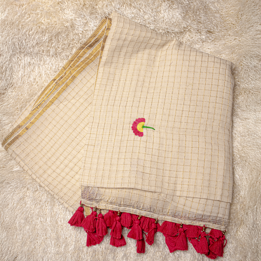Golden Zari Embroidery Checked saree with pink Tassels- Onam Saree - S01-002