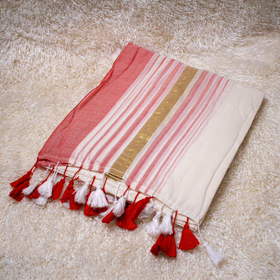 Mul-Cotton Saree with Red Stripe and Golden zari- Onam Saree-S01-001