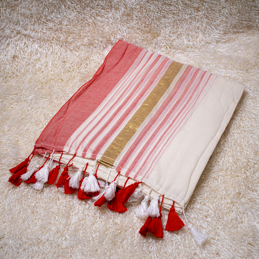 Mul-Cotton Saree with Red Stripe and Golden zari- Onam Saree-S01-001