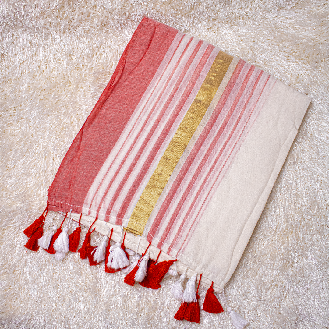Mul-Cotton Saree with Red Stripe and Golden zari- Onam Saree-S01-001